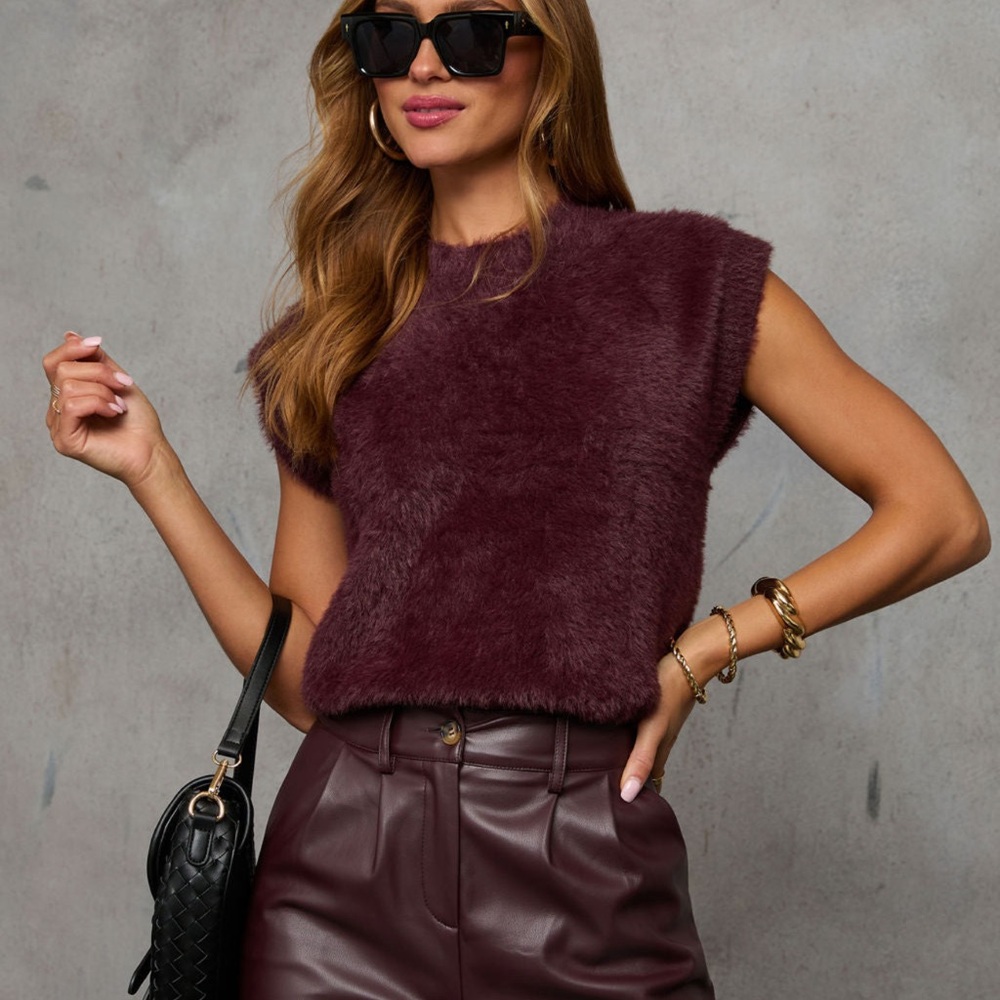 English Factory Becka Fuzzy Deep Burgundy Sleeveless Sweater, S
